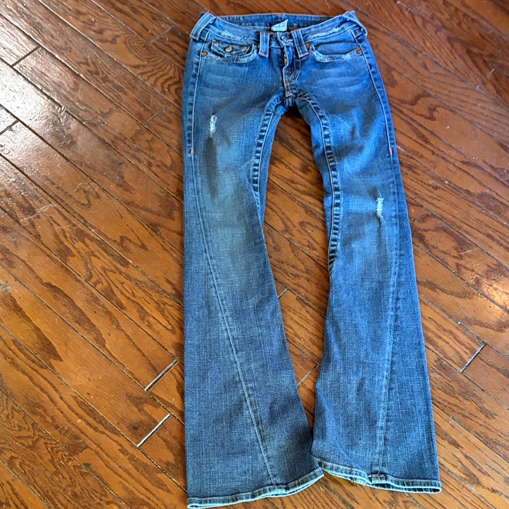 True Religion Blue Flared Women's Jeans with Signature Back Pockets - Picture 5 of 8